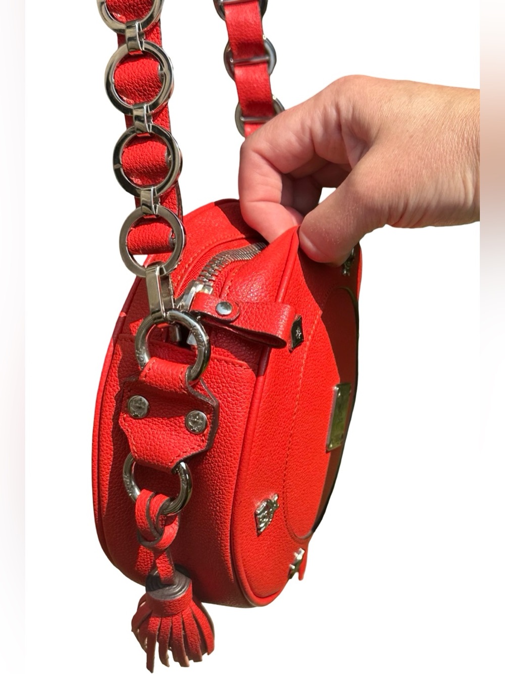 VTG MCM Red Grained Leather Round Tambourine Crossbody Bag Silver Studded - Picture 9 of 16